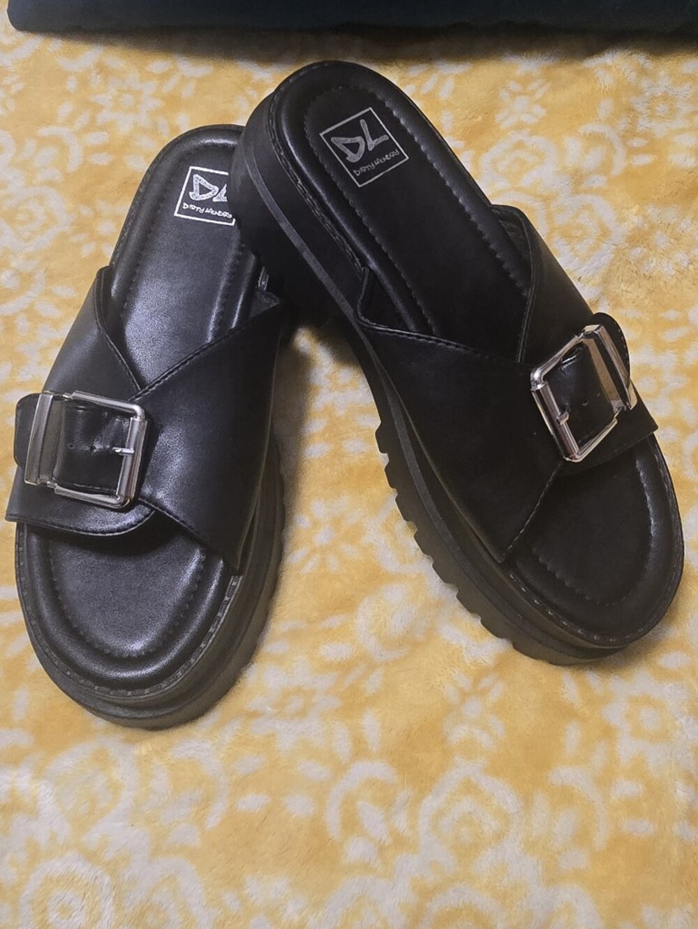 Dirty Laundry Black Slide Sandals with Silver Buckles